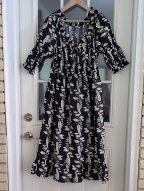 Terra & Sky Blue Floral Cotton Dress 0X (14W) Cottagecore | Early Fall